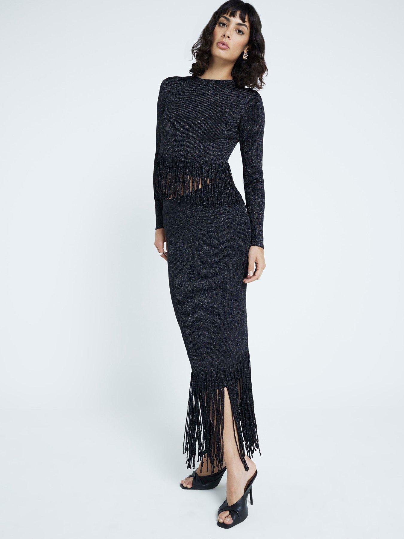 RIVER ISLAND SWETER Z BŁYSZCZĄCĄ NICIĄ I FRĘDZLAMI