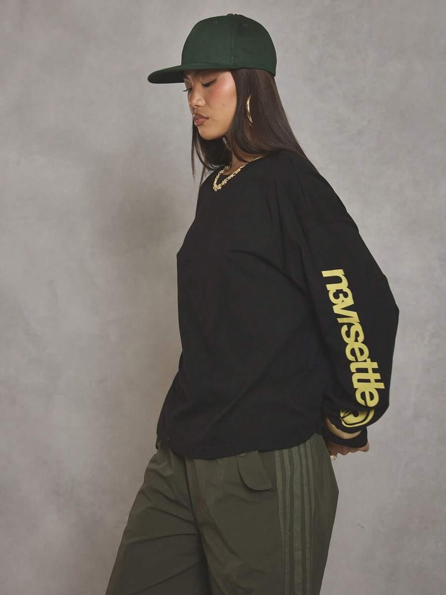 BAWEŁNIANA OVERSIZE BLUZKA Z OKRĄGŁYM DEKOLTEM PRINT
