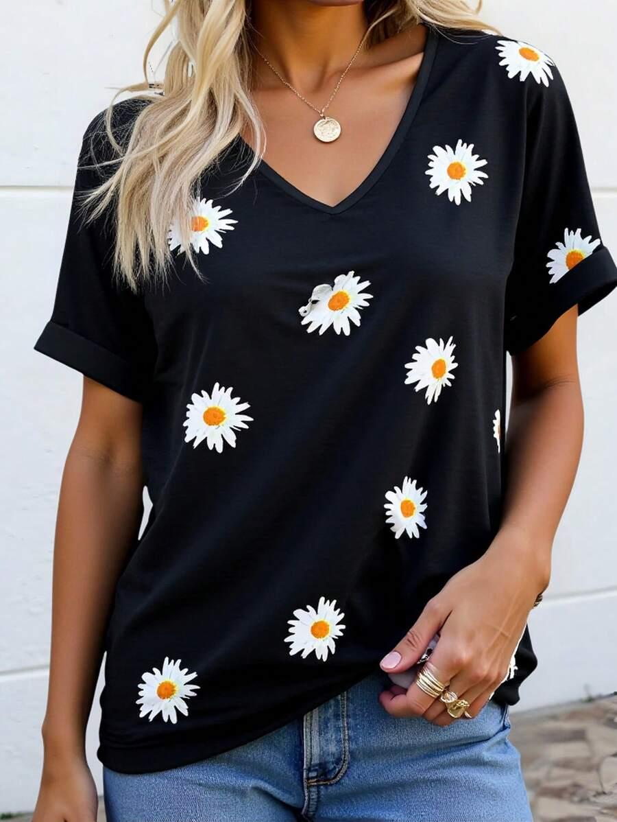 T-SHIRT DAMSKI KWIATY DEKOLT V