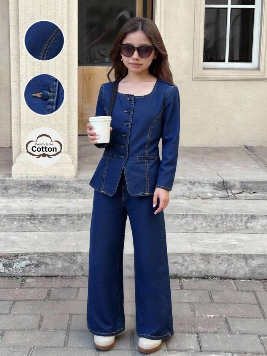 niebieski komplet jeans bluzka spodnie