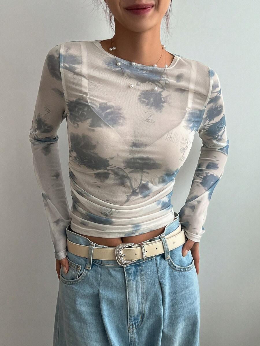 top długi rękaw print siateczka