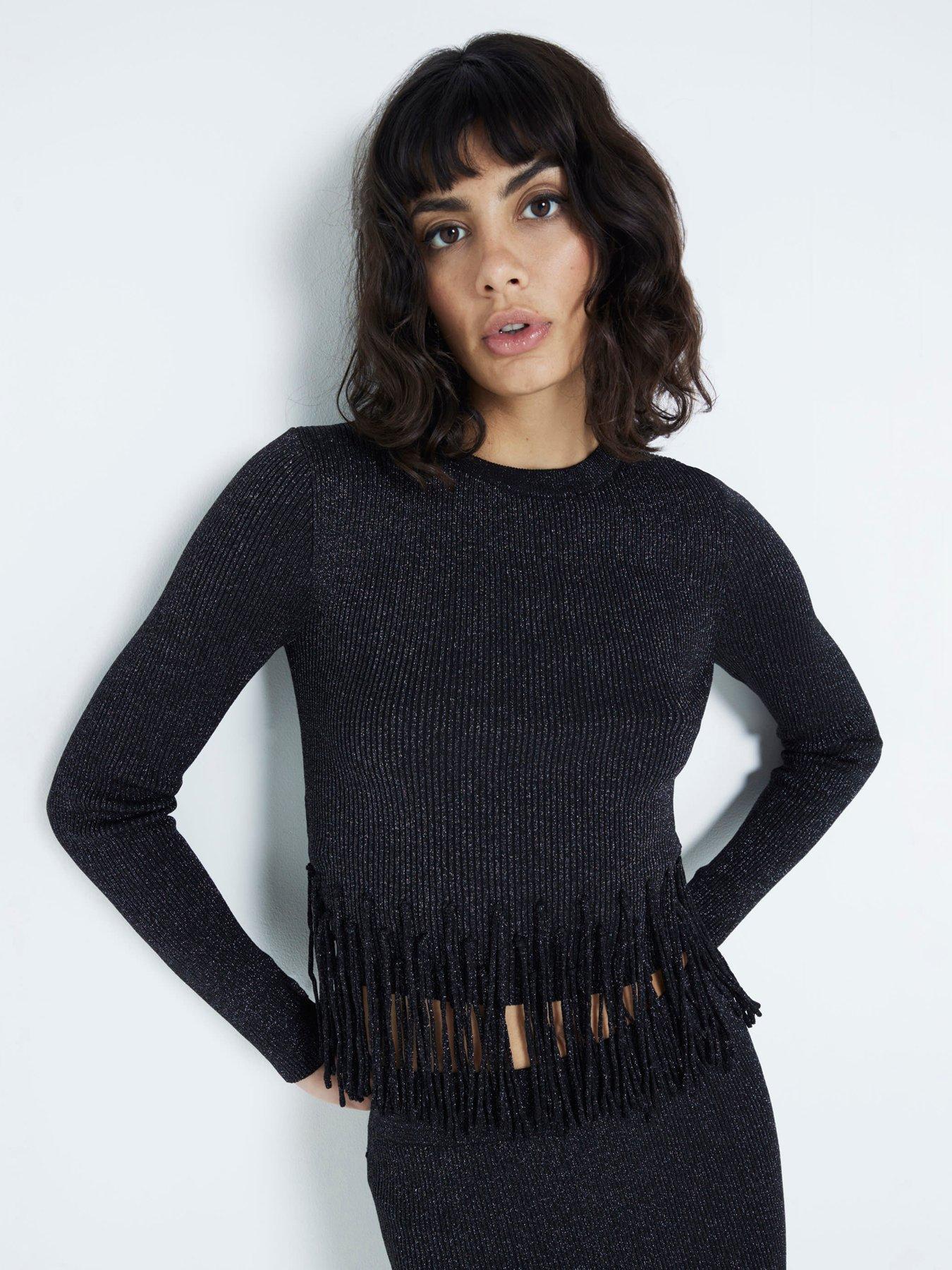 RIVER ISLAND SWETER Z BŁYSZCZĄCĄ NICIĄ I FRĘDZLAMI