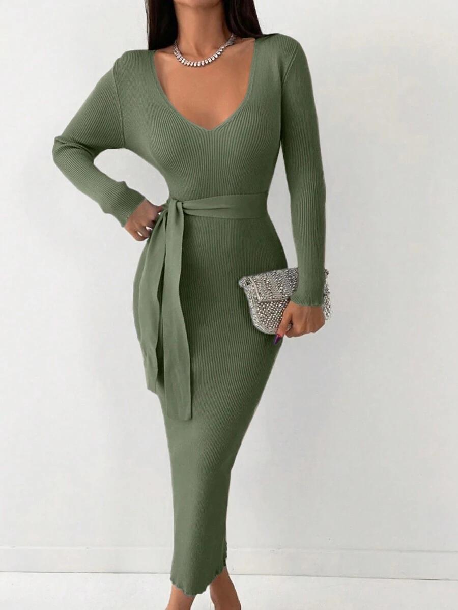 OŁÓWKOWA MAXI SUKIENKA v neck
