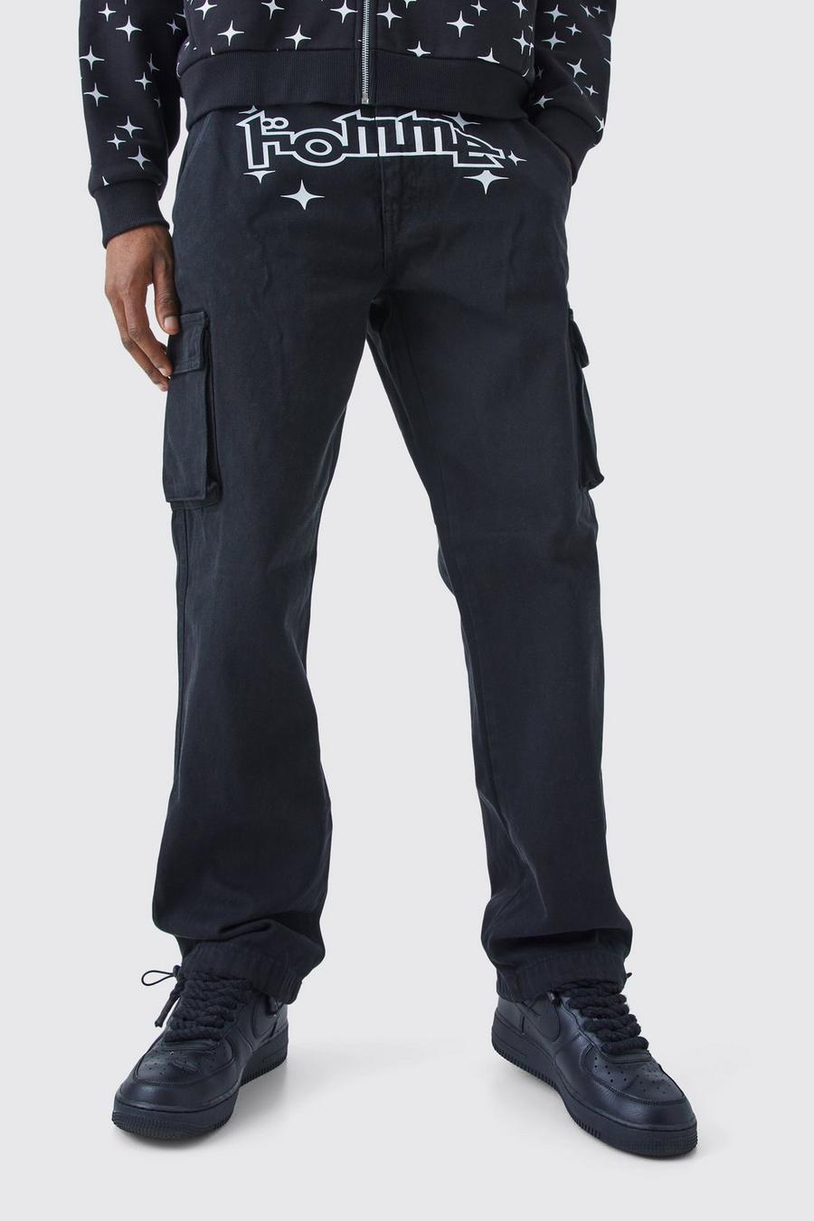 czarne jeansowe spodnie bojówki print