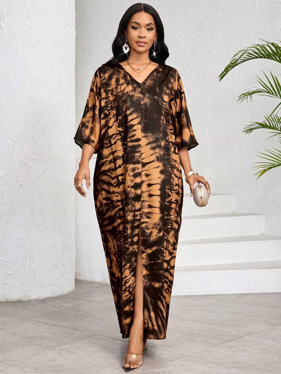 maxi sukienka rozcięcie rękaw 3/4 print v-neck