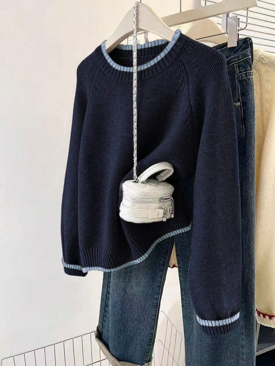 GRANATOWY SWETER OKRĄGŁY DEKOLT 