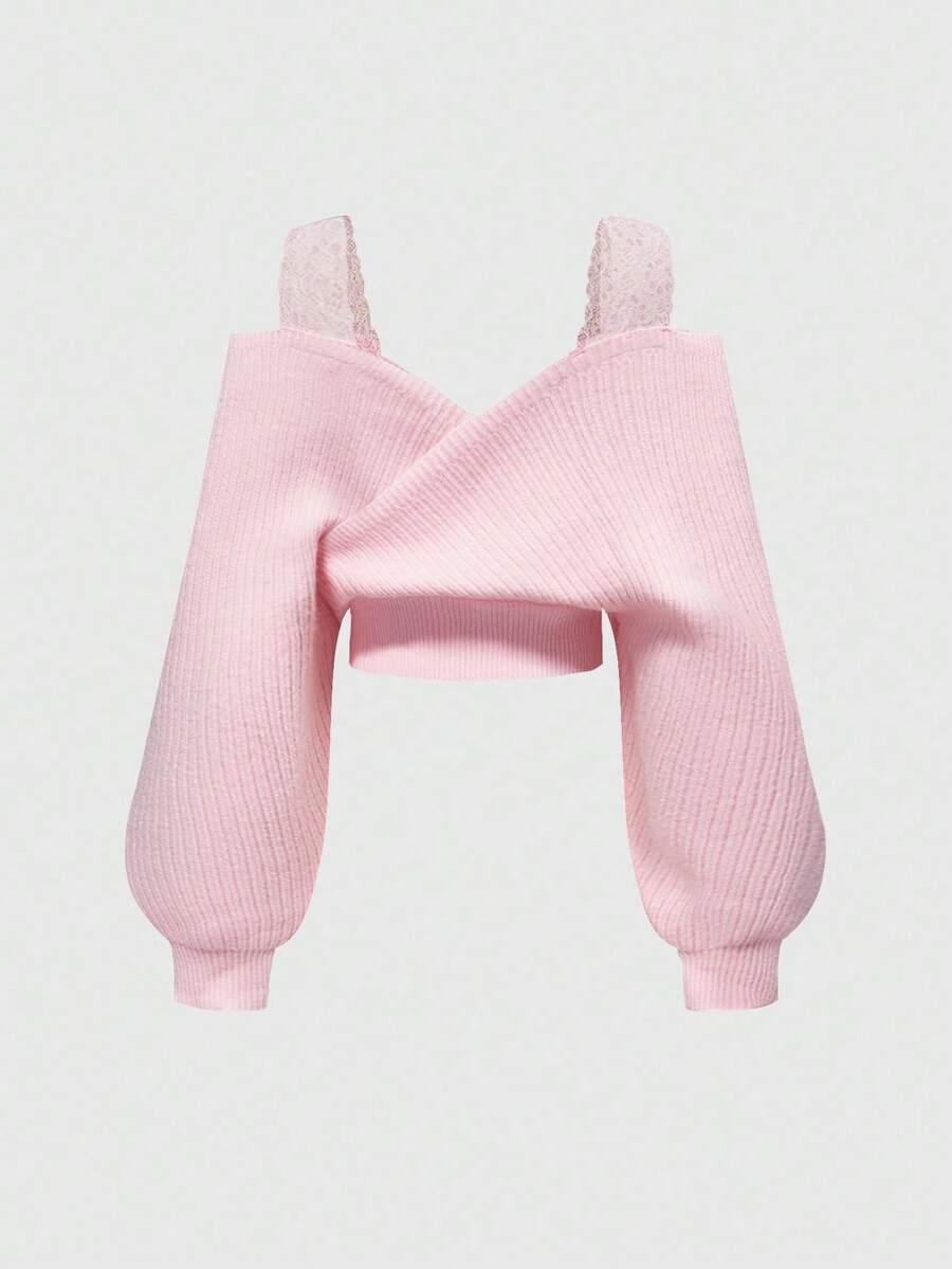 różowy sweter koronka 