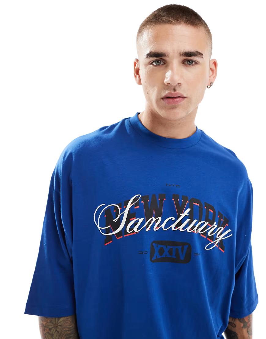 niebieski t-shirt nadruk oversize