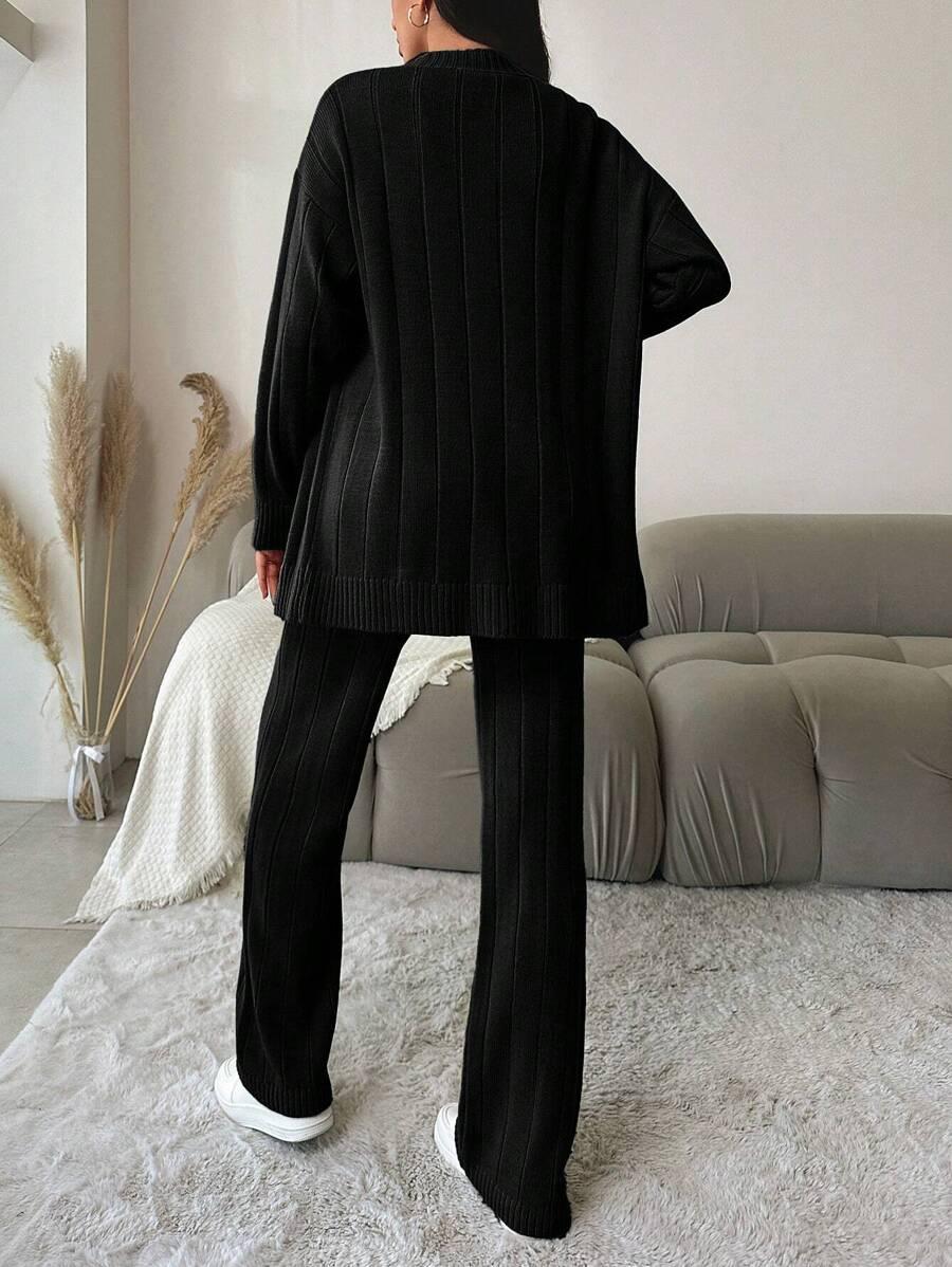 CZARNY DZIANINOWY KOMPLET SWETER SPODNIE