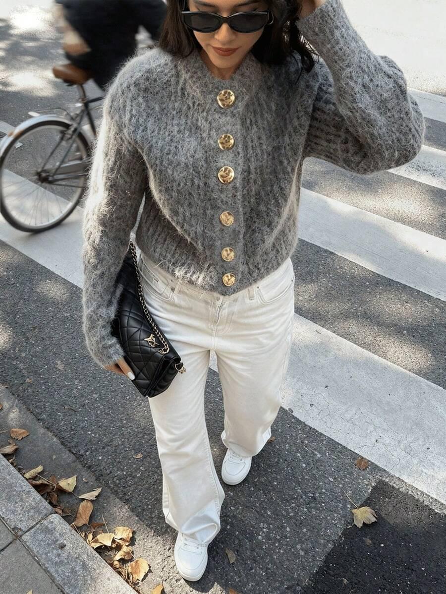 brązowy SWETER GUZIKI 