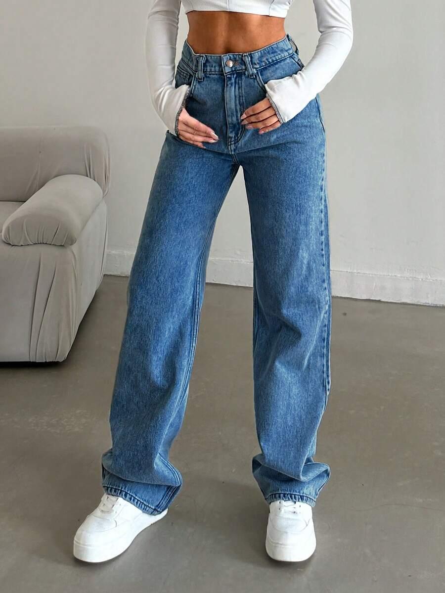 niebieskie spodnie jeans wysoki stan 