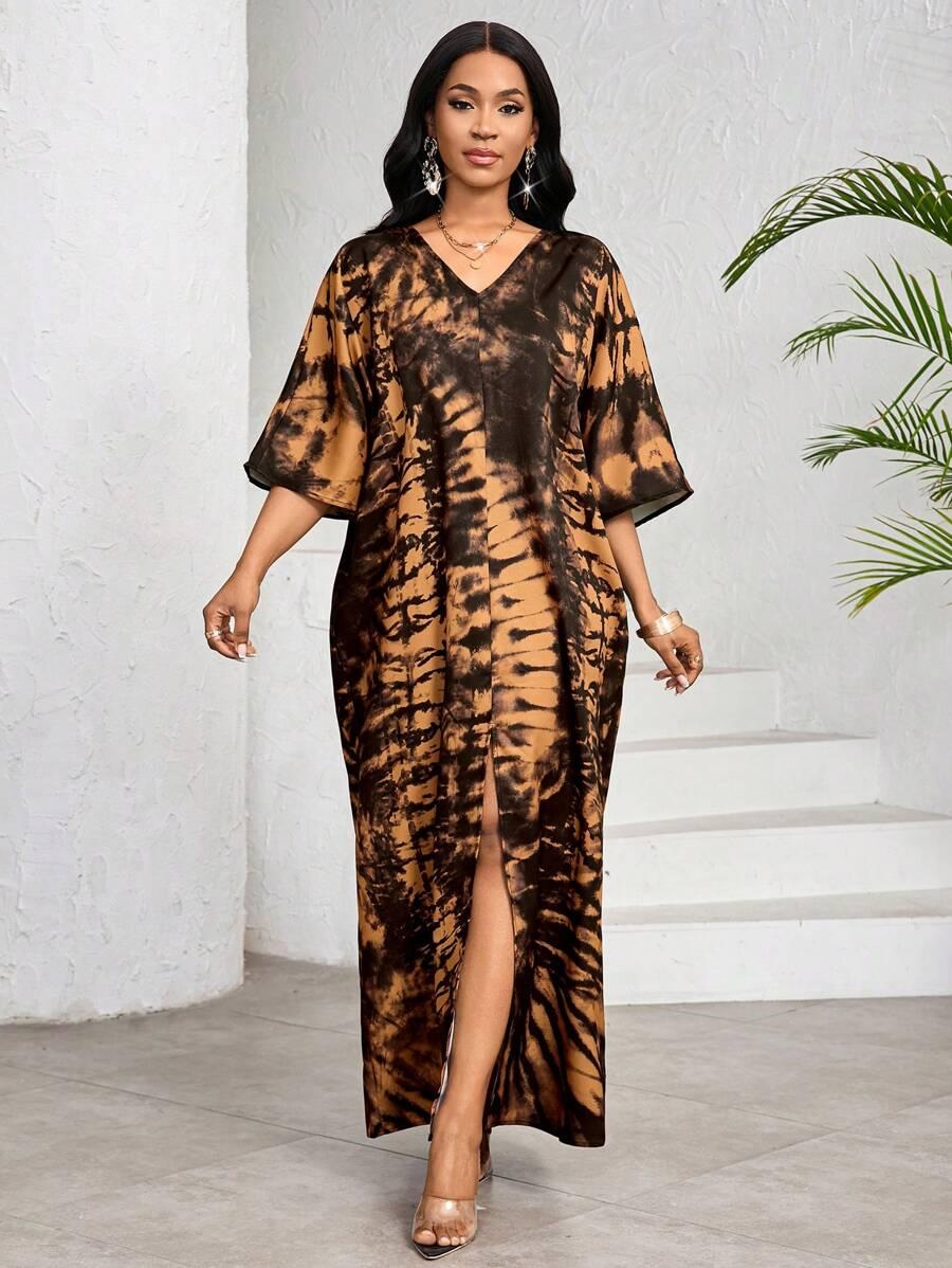 maxi sukienka rozcięcie rękaw 3/4 print v-neck