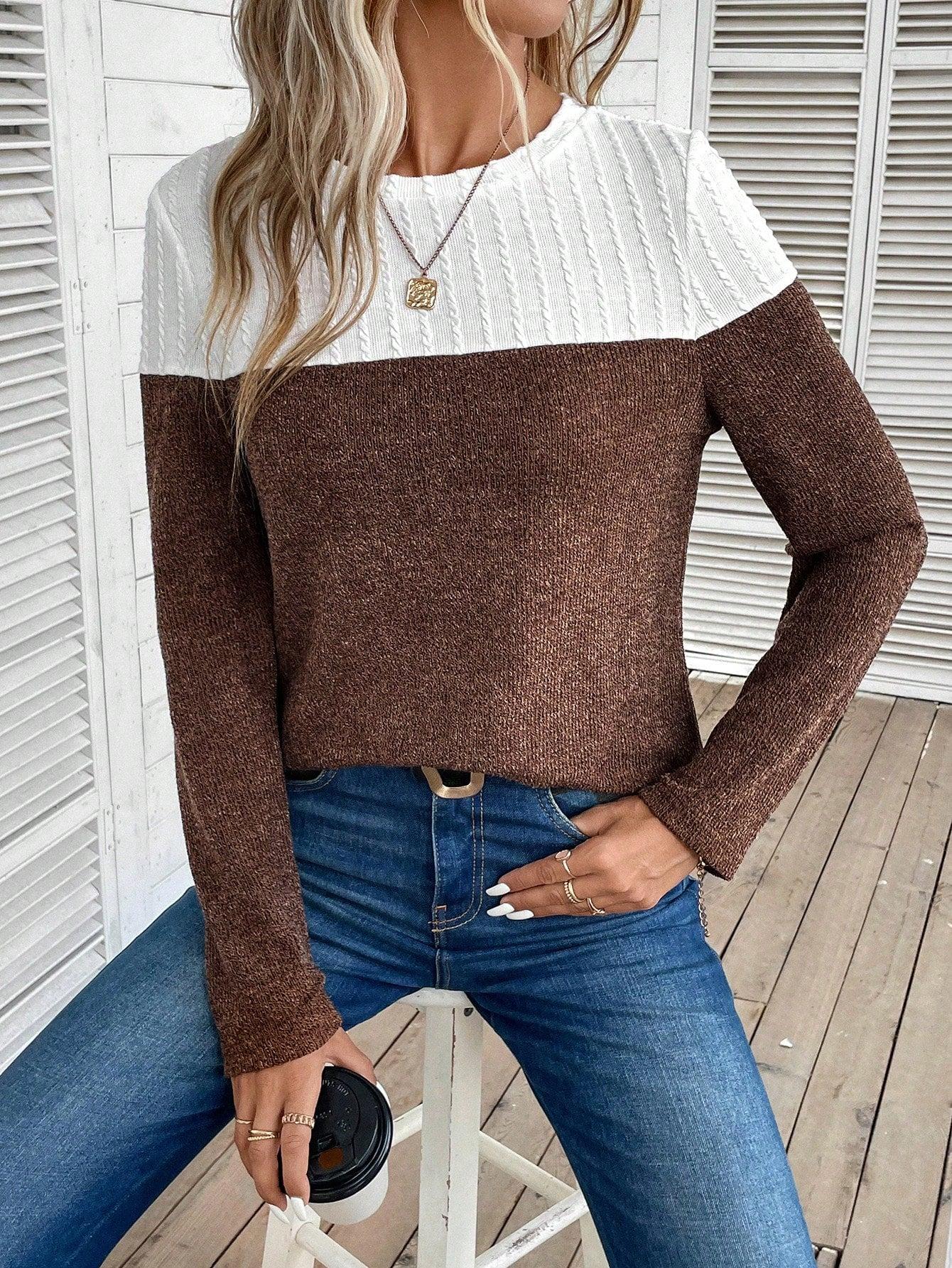brązowy dzianinowy sweter łączenie kontrast tekstura