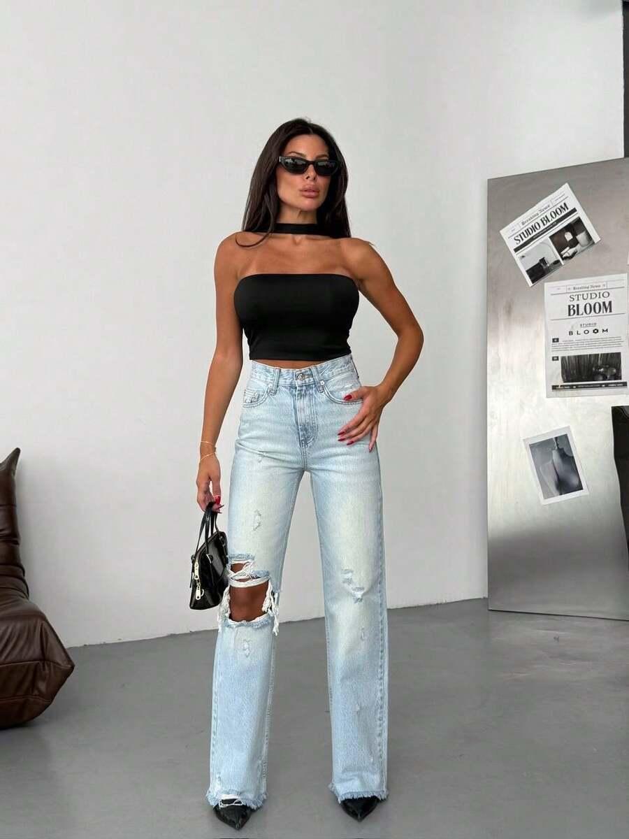 SPODNIE JEANS RIPPED WYSOKI STAN