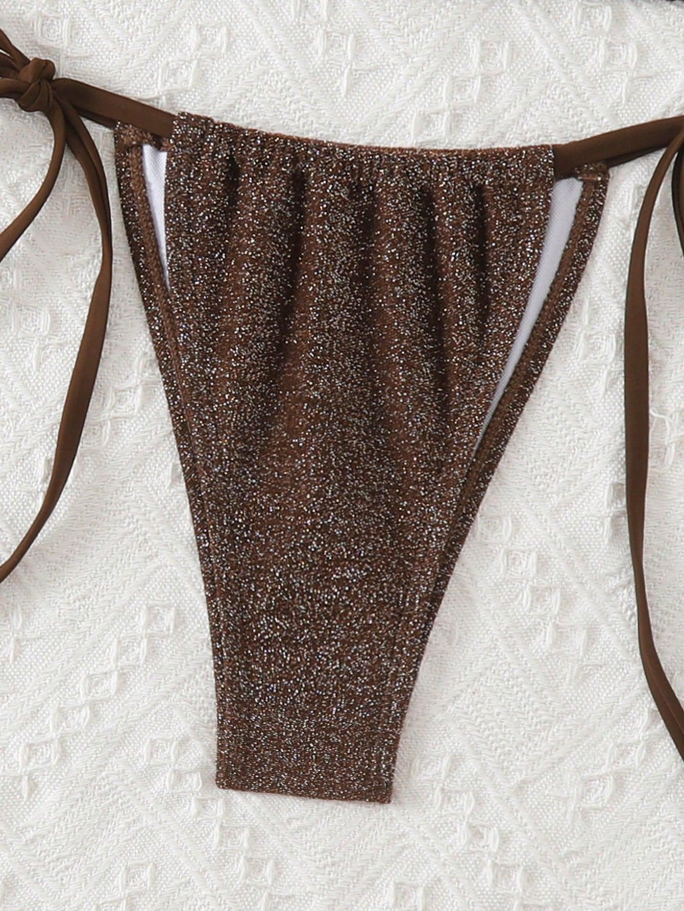 brązowe bikini komplet połysk