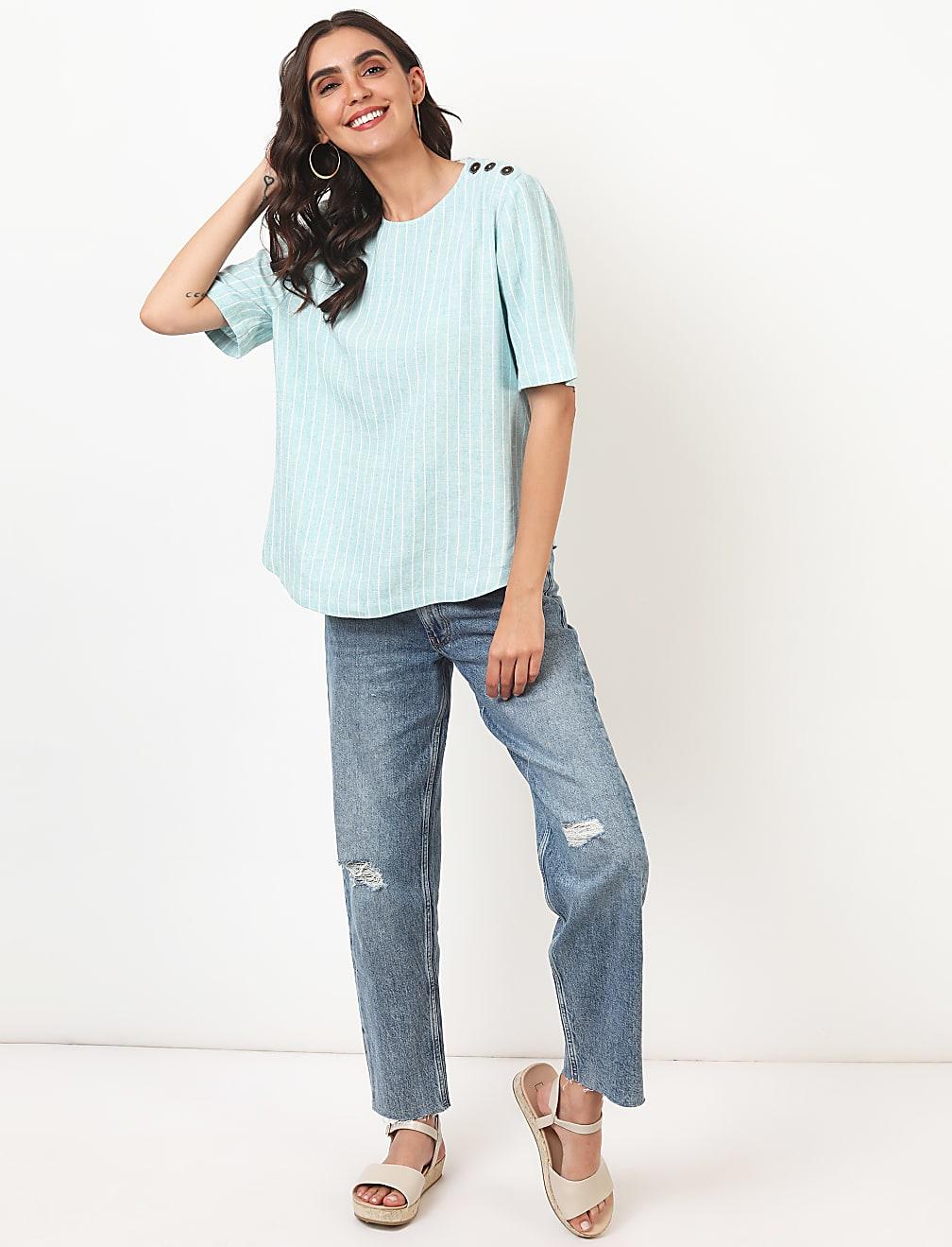 lniana bluzka w paski T52-2518K-J4