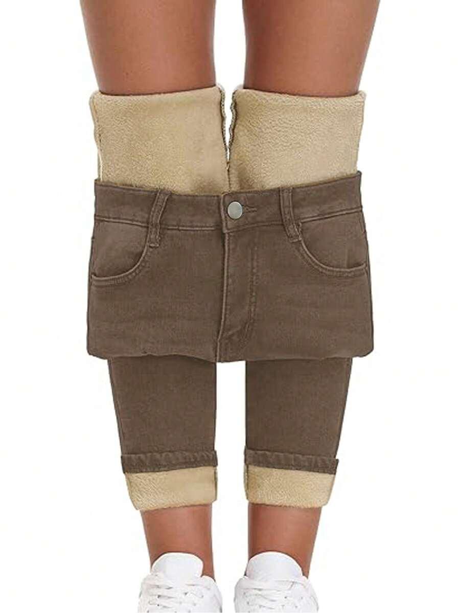 brązowe spodnie jeans ocieplane