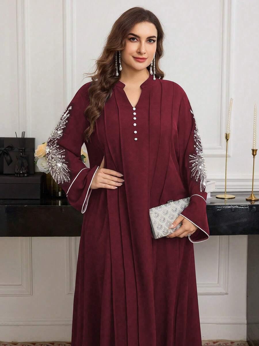 bordowa maxi sukienka v neck zdobienie 