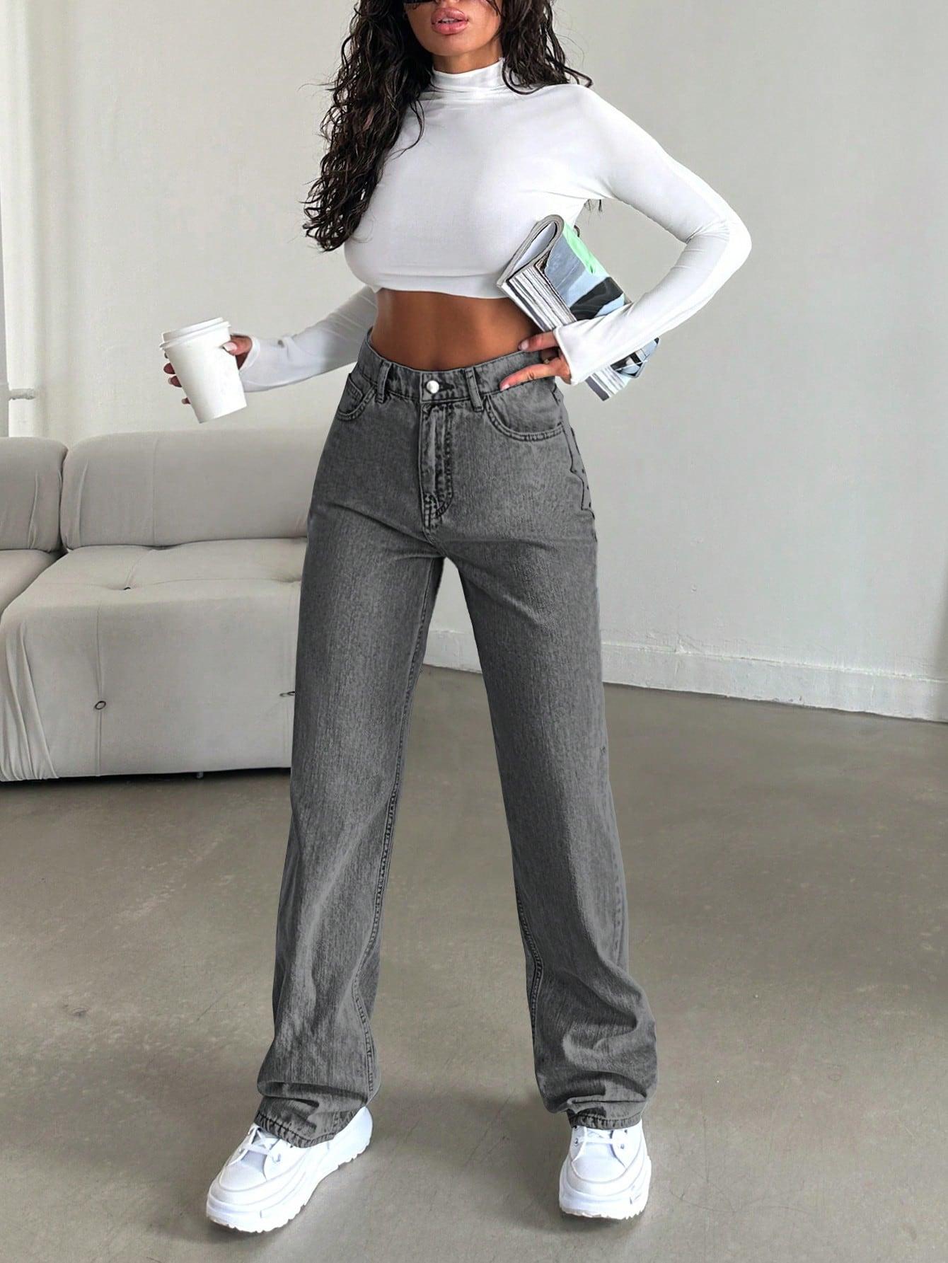 SZARE SPODNIE JEANS WYSOKI STAN