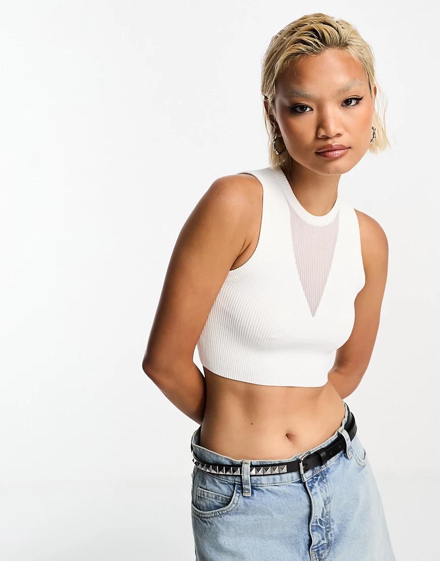 biały crop top w prążki siateczka