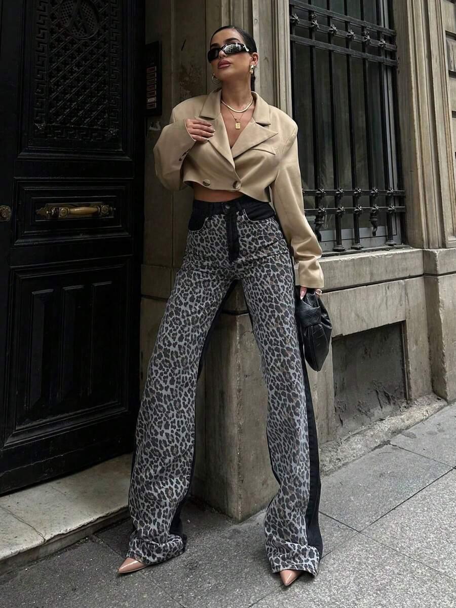 CZARNE SPODNIE JEANS ANIMAL PRINT