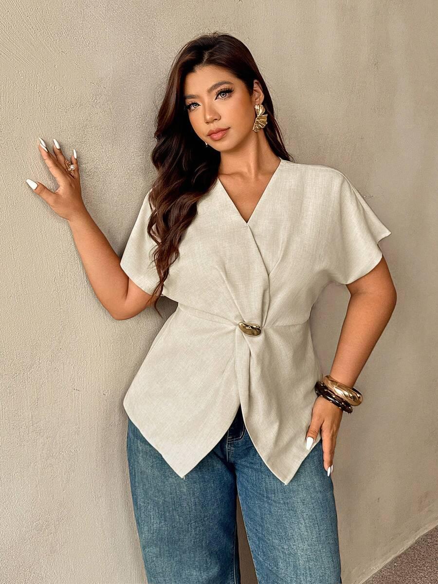 BEŻOWA BLUZKA V-NECK