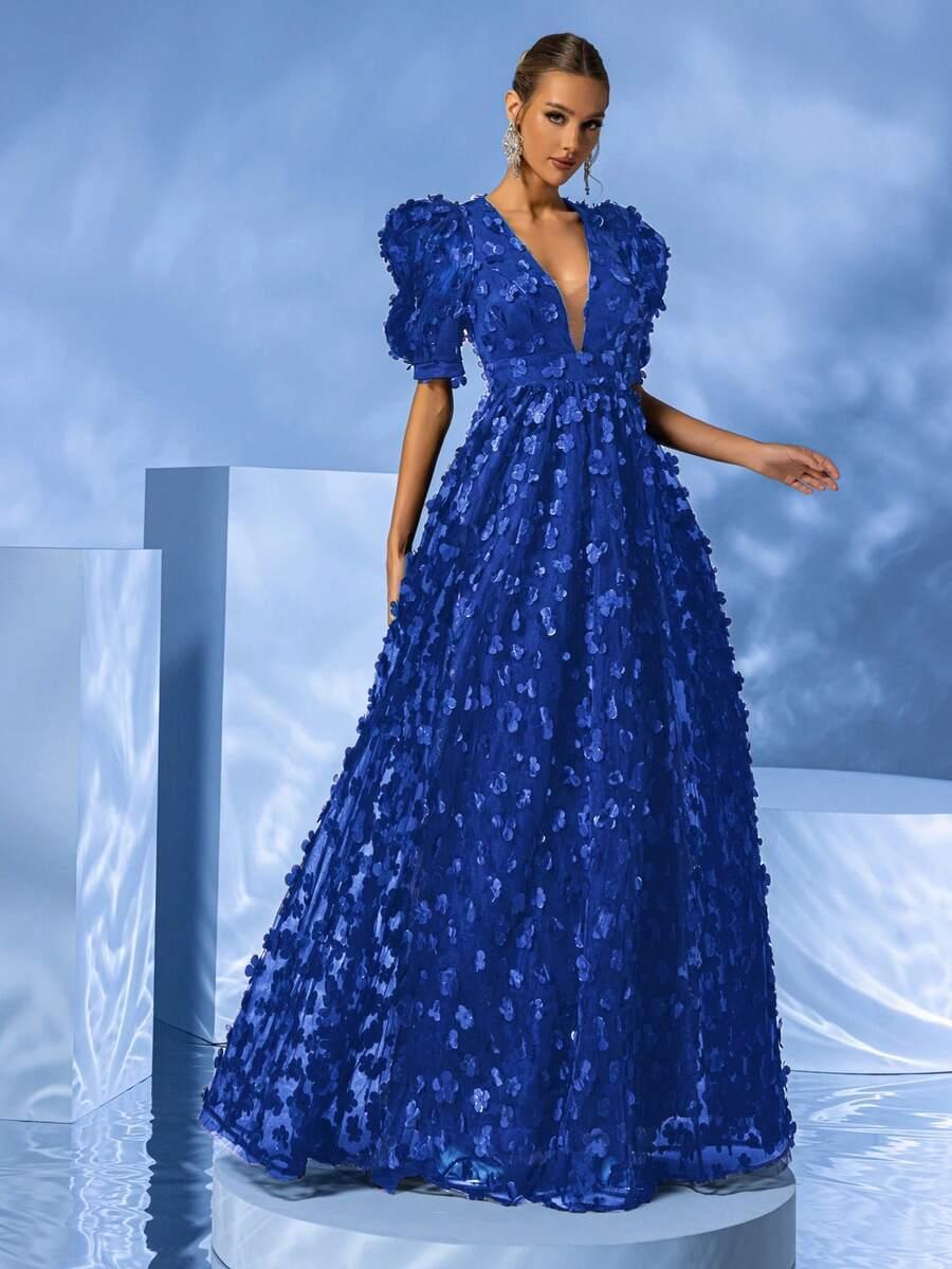 niebieska sukienka maxi zdobienia kwiaty 3d