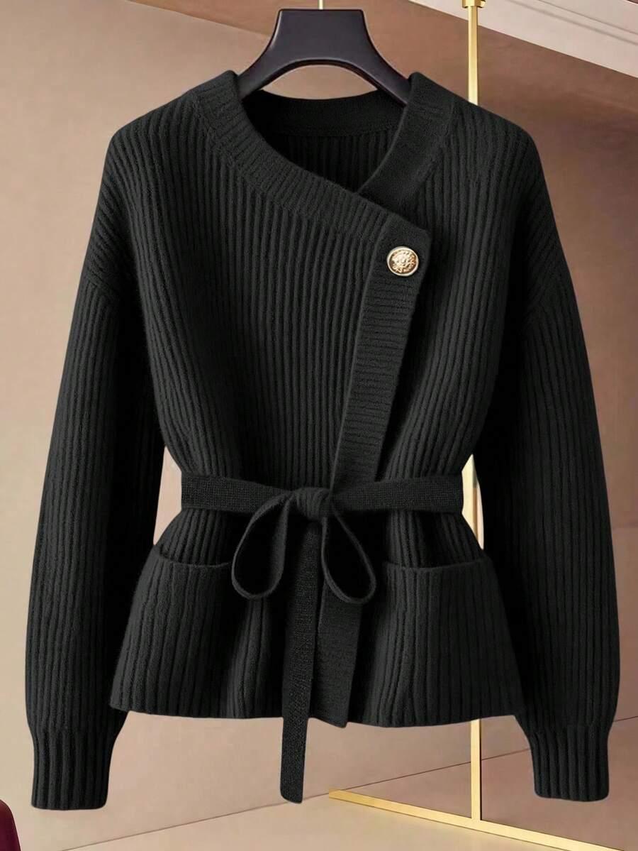 CZARNY DZIANINOWY SWETER