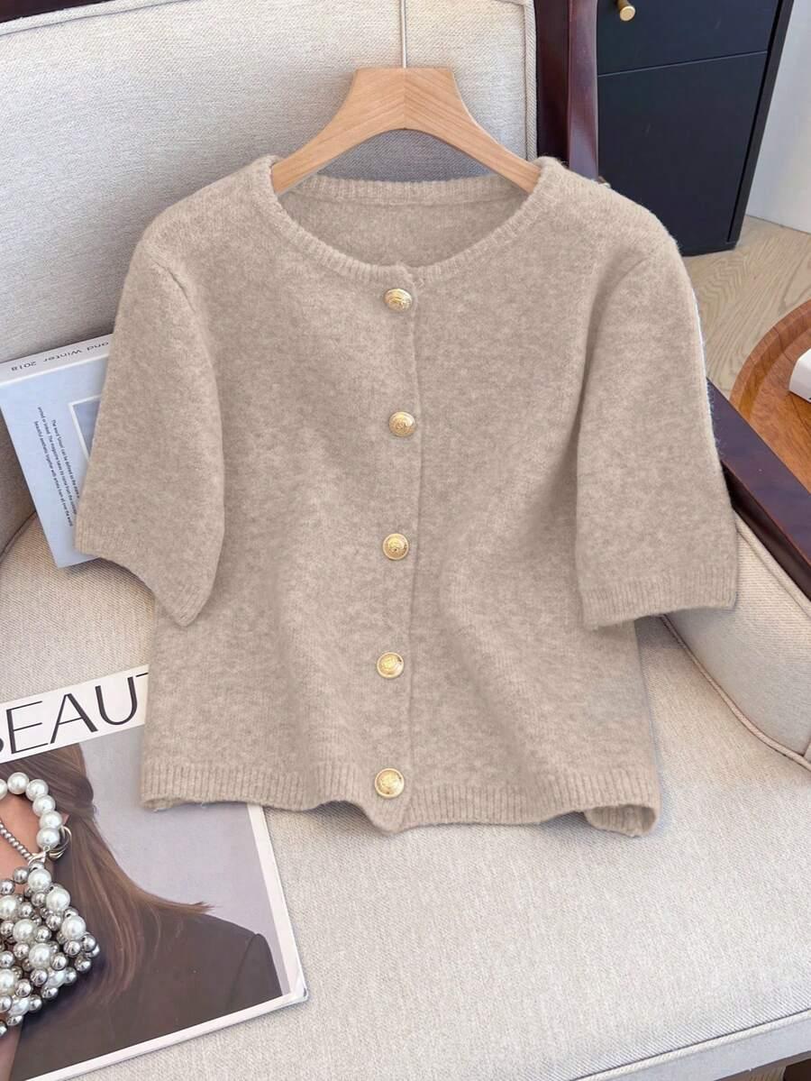 BEŻOWY SWETER Z KRÓTKIM RĘKAWEM