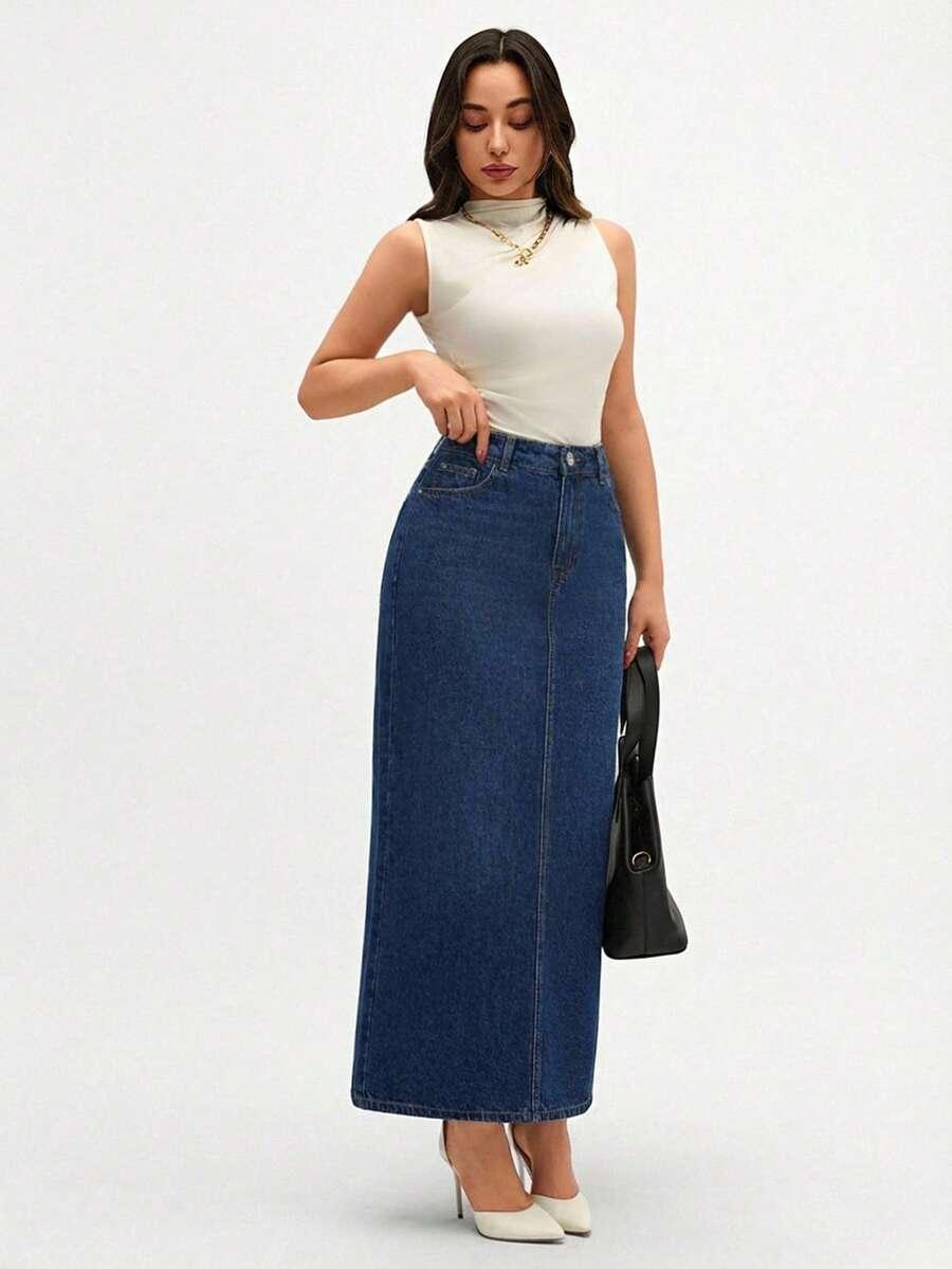 niebieska maxi spódnica z rozcięciem jeans