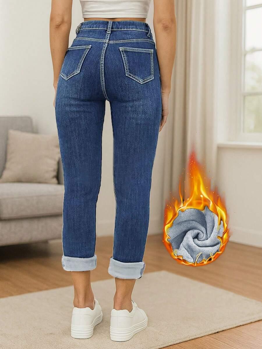 spodnie jeans wysoki stan ocieplenie 
