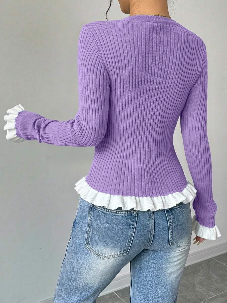 DAMSKI DZIANINOWY SWETER ROZPINANY Z FALBANKĄ 