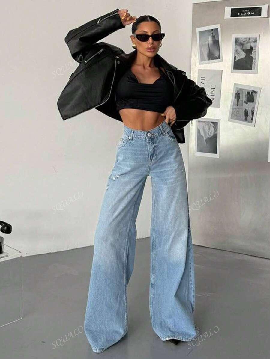 NIEBIESKIE SPODNIE JEANS SZEROKIE NOGAWKI