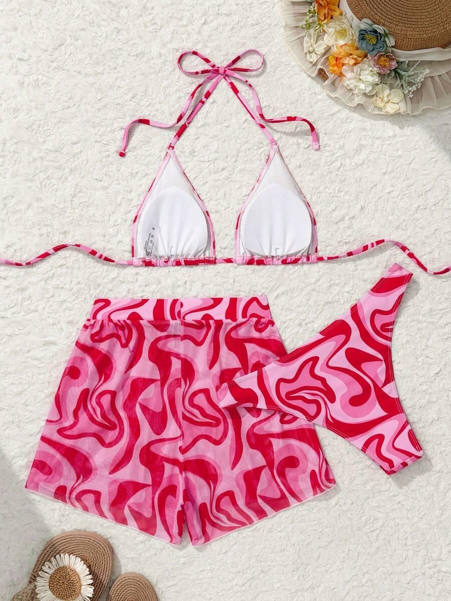 KOMPLET BIKINI WIĄZANY Z WZOREM SPODENKAMI