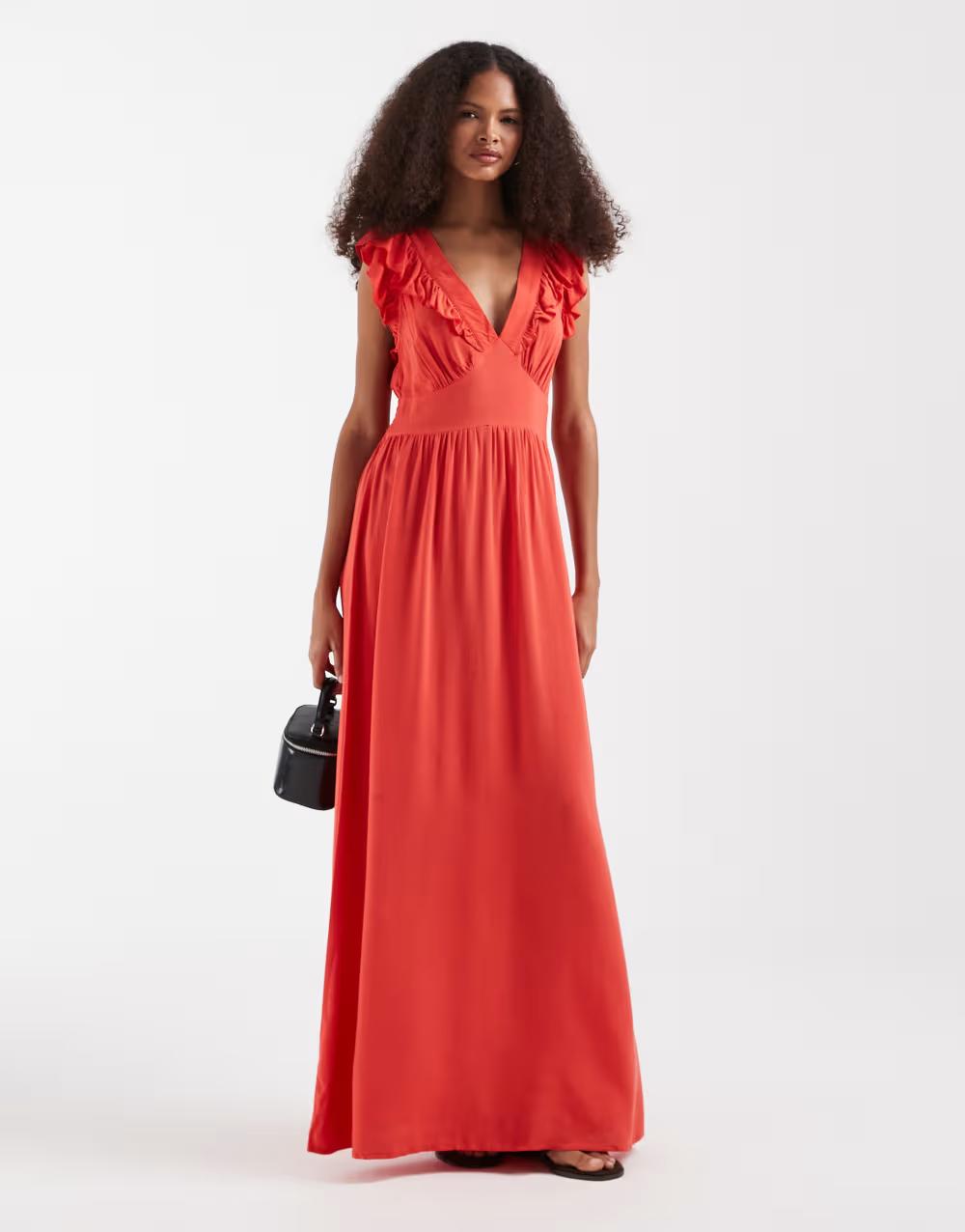 czerwona mai sukienka v-neck falbana