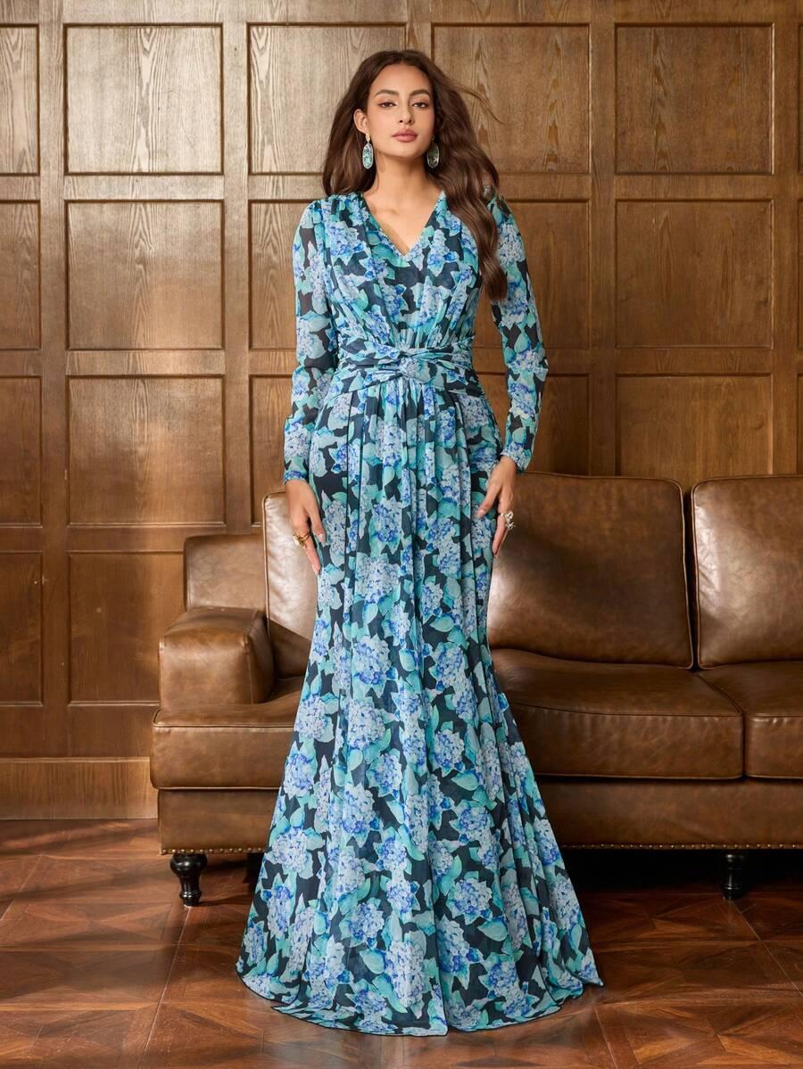 maxi sukienka długi rękaw wzór v neck