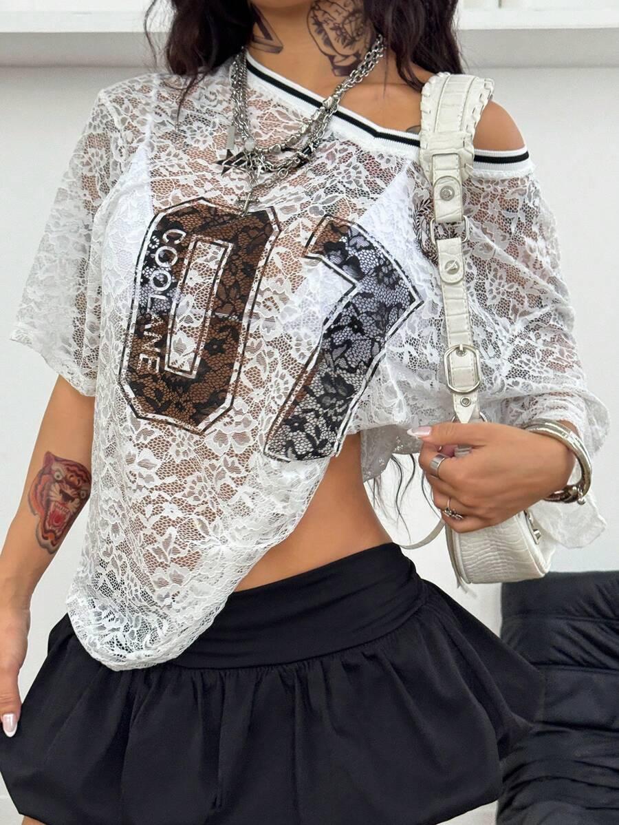 T-SHIRT DAMSKI OKRĄGŁY KORONKOWY