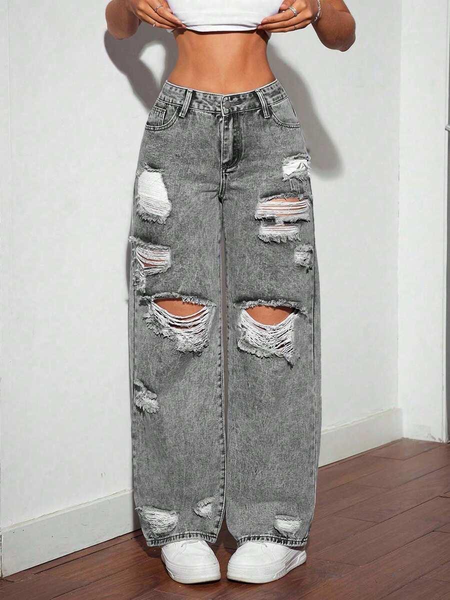 SZARE SPODNIE JEANS przetarcia