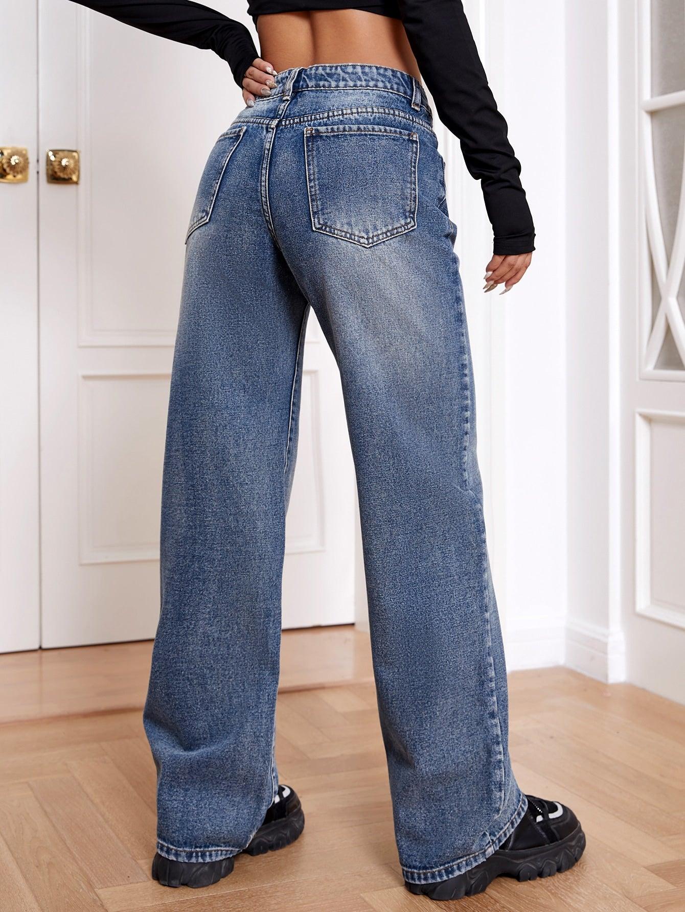 spodnie jeansowe szerokie nogawki zamek kieszenie