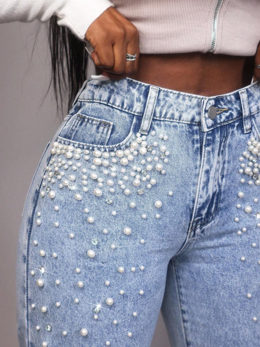 NIEBIESKIE SPODNIE JEANS PEREŁKI