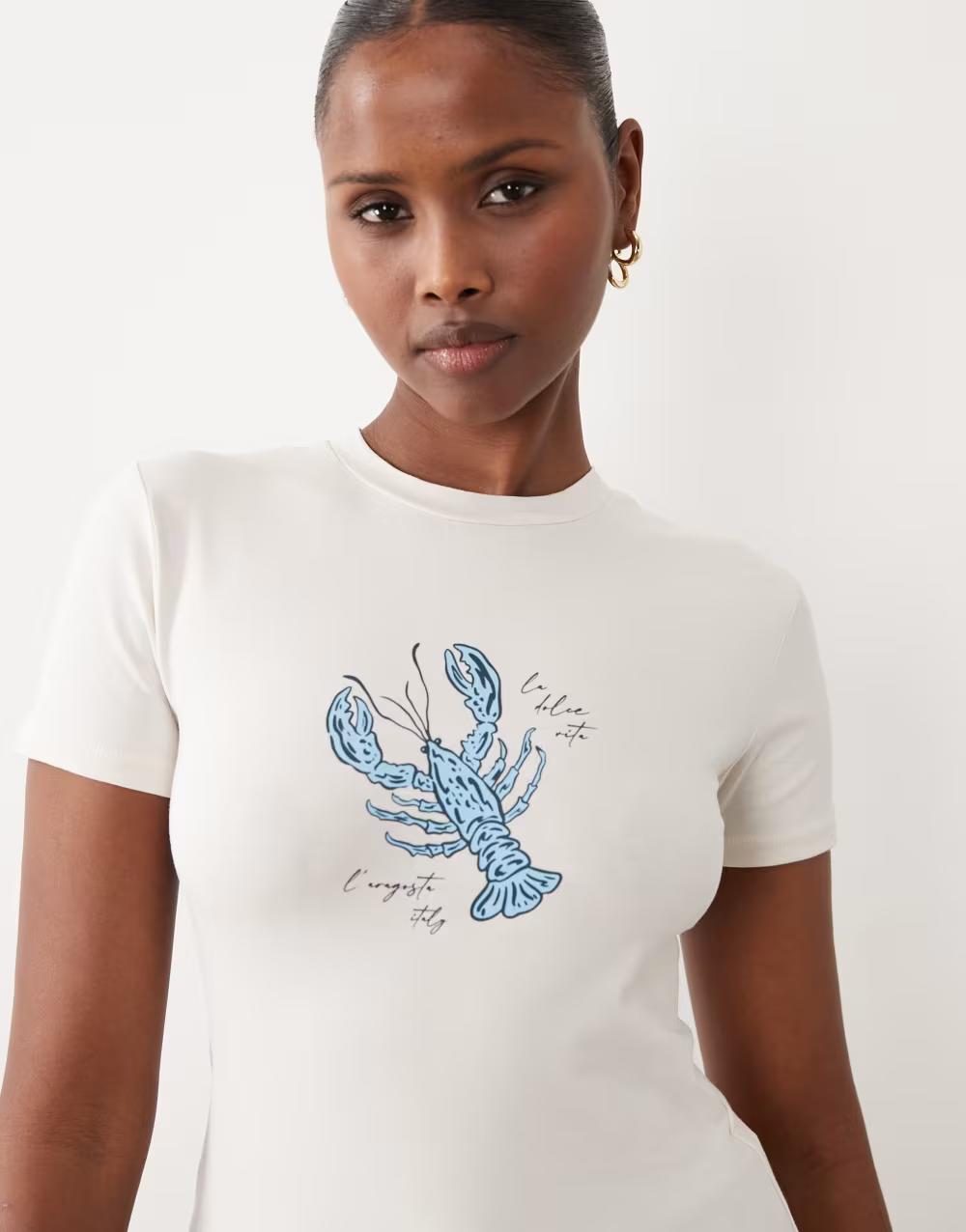 KREMOWY T-SHIRT OKRĄGŁY DEKOLT  nadruk homar