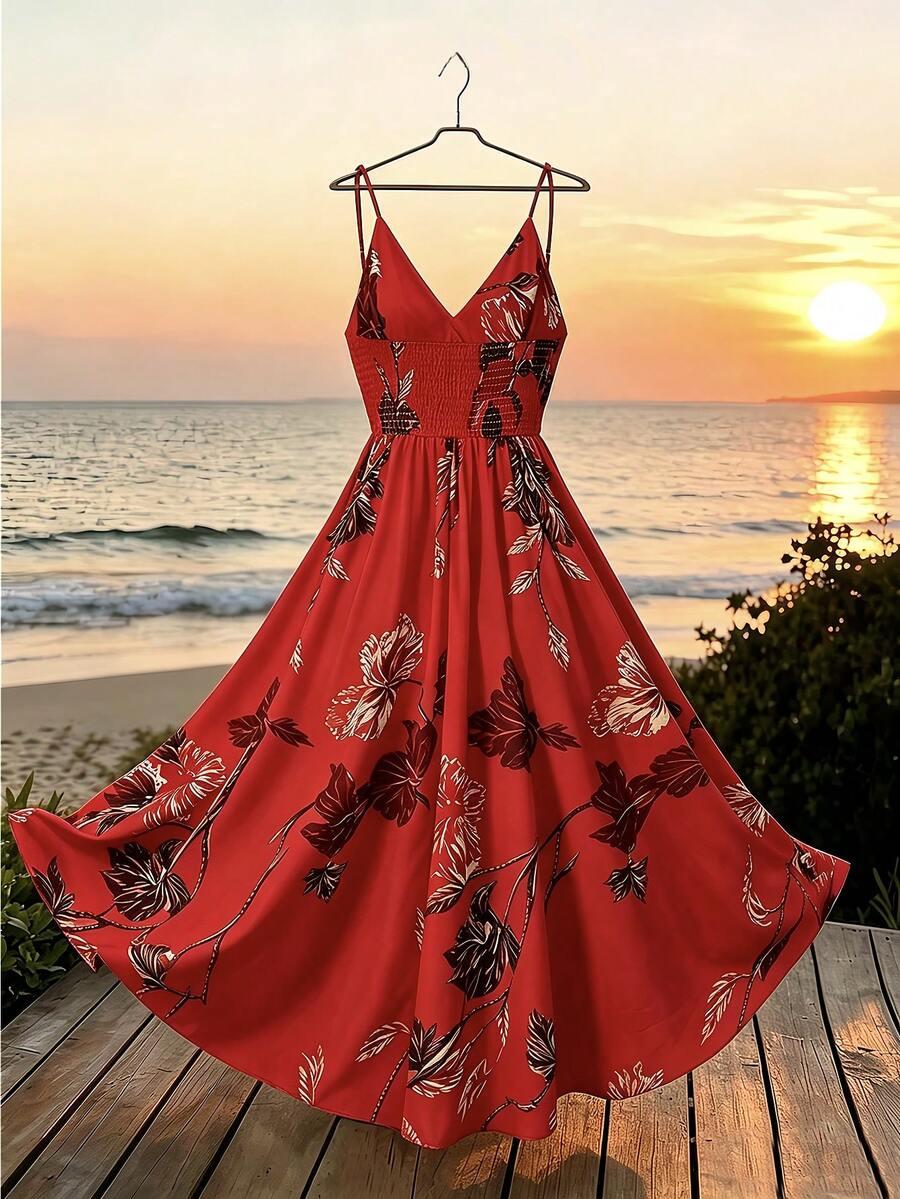 czerwona maxi sukienka print