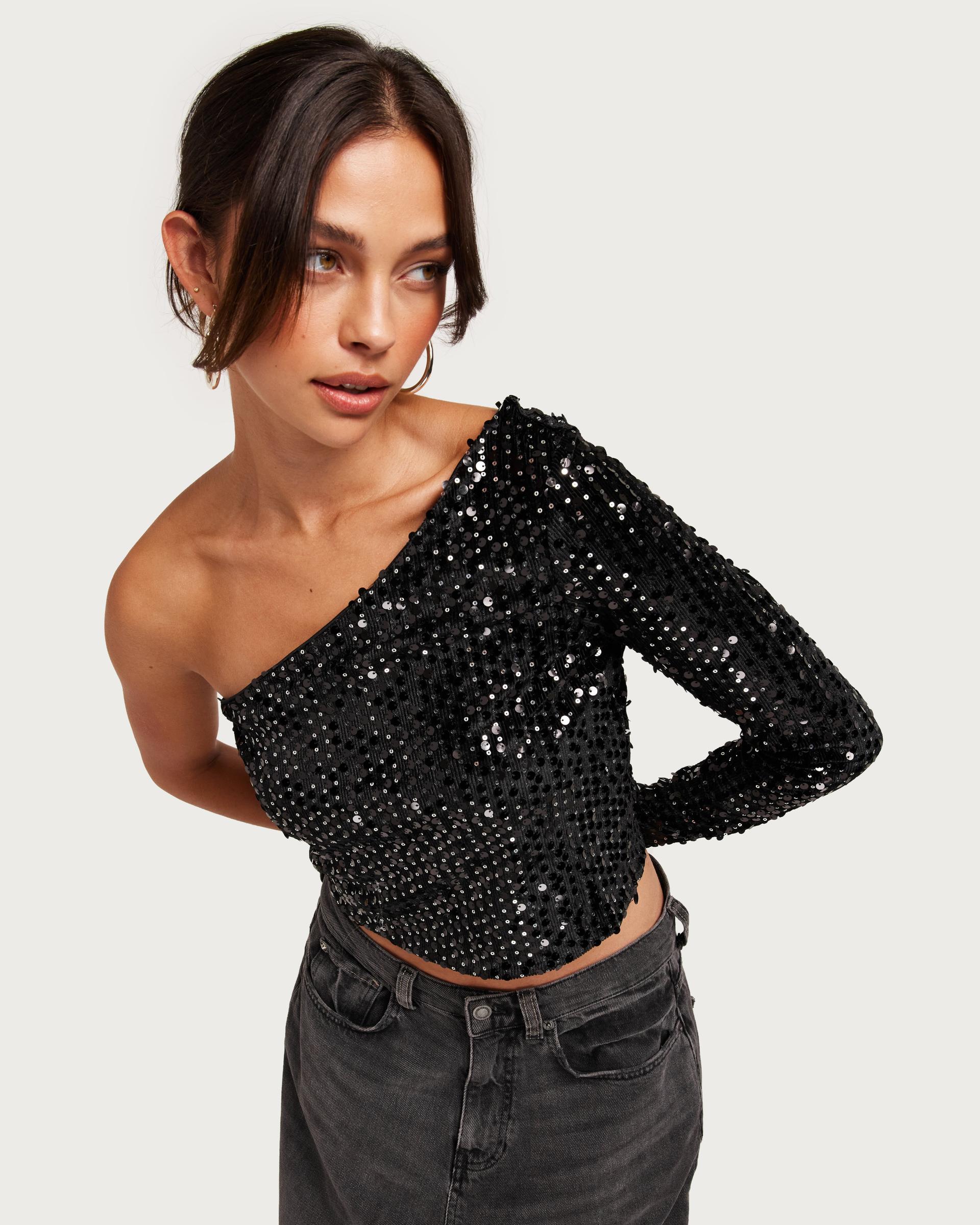 czarny crop top asymetria cekiny welur zdobienie