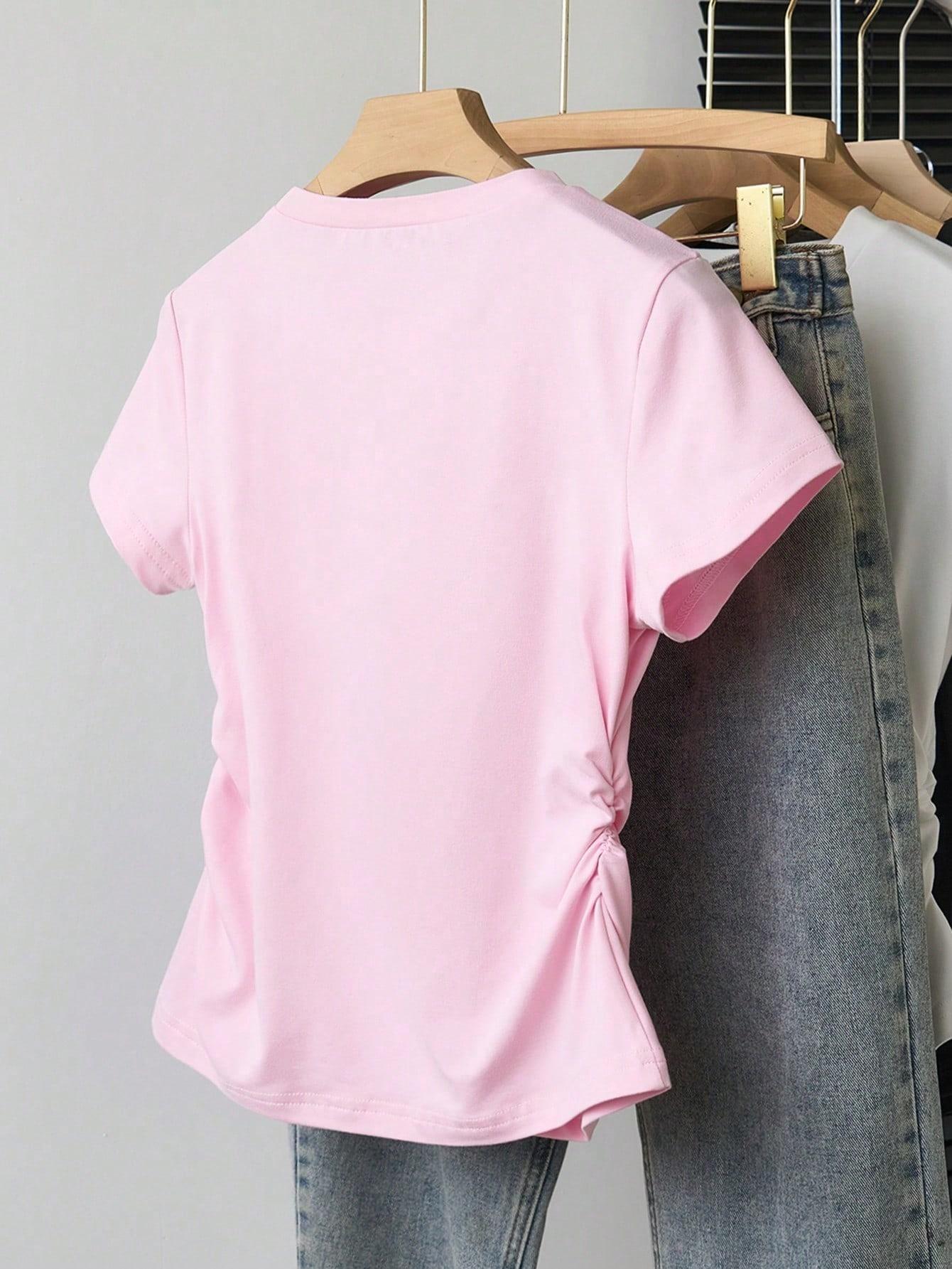 różowy t-shirt okrągły dekolt