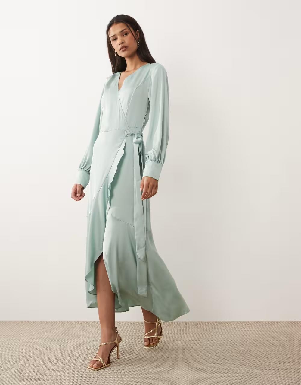 ZIELONA SATYNOWA ASYMETRYCZNA SUKIENKA DŁUGI RĘKAW