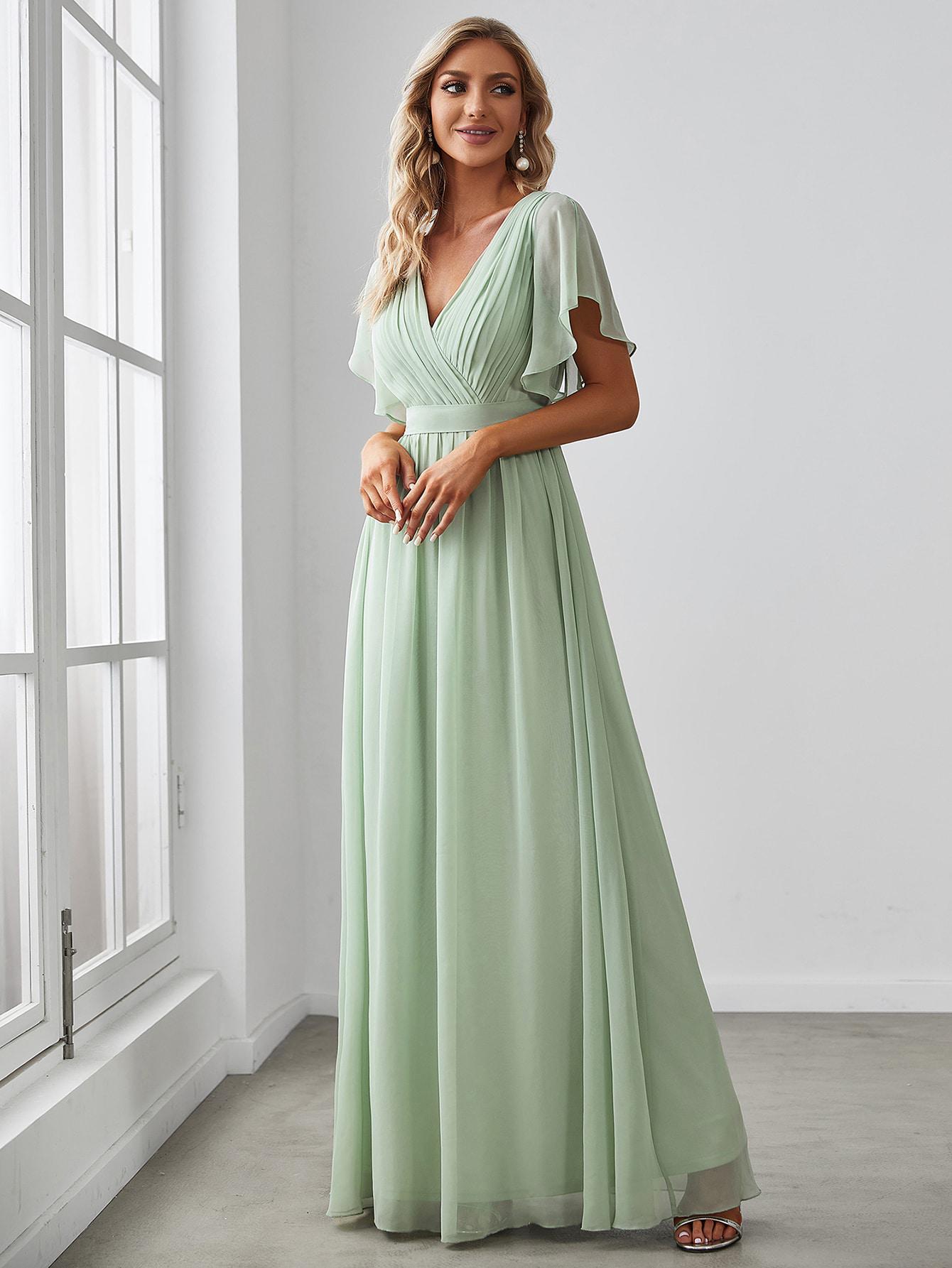 ZIELONA MAXI SZYFONOWA SUKIENKA V NECK