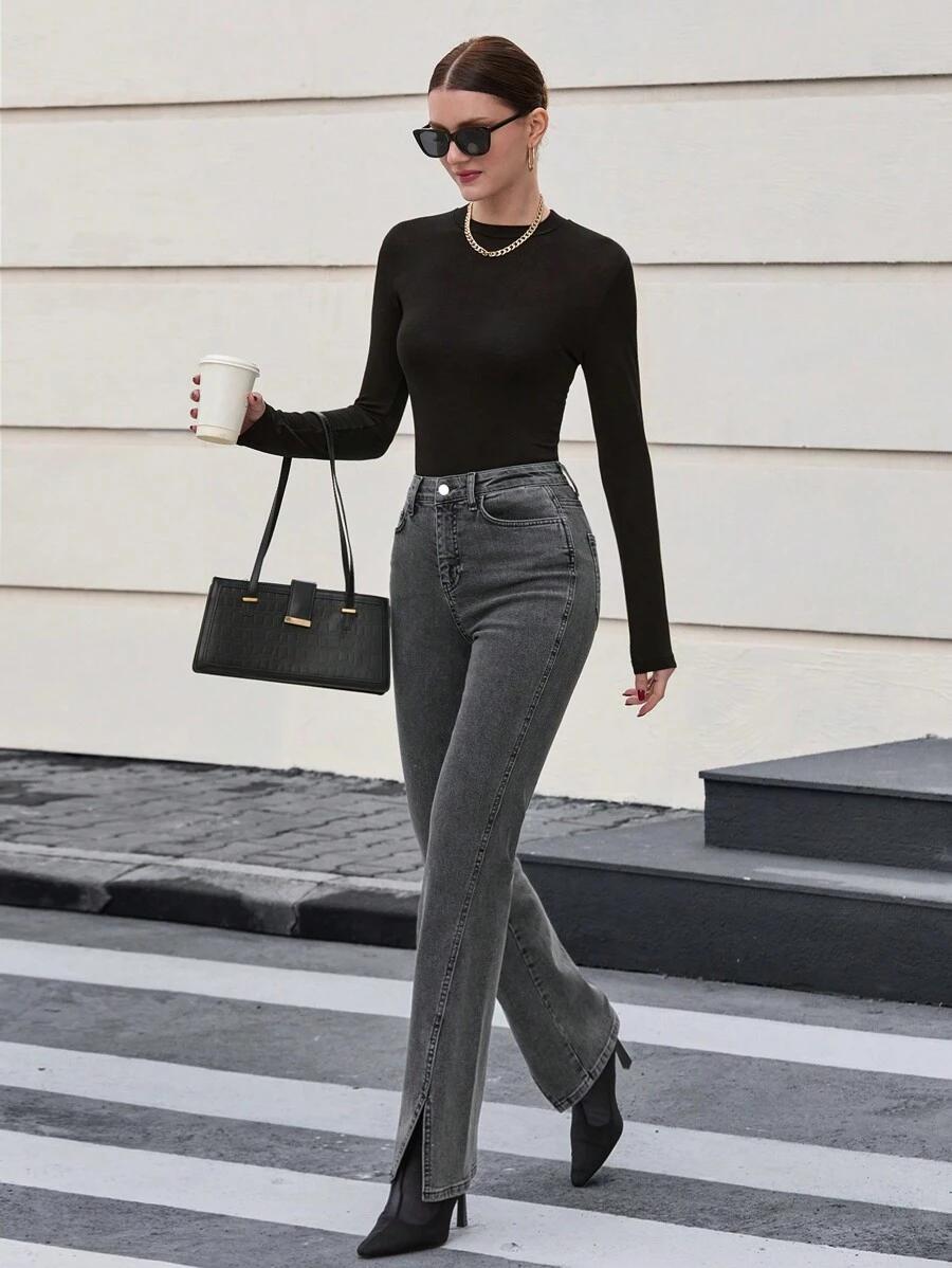 SZARE SPODNIE JEANS WYSOKI STAN