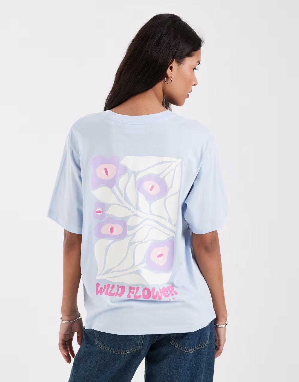 NIEBIESKI T-SHIRT OKRĄGŁY DEKOLT NADRUK