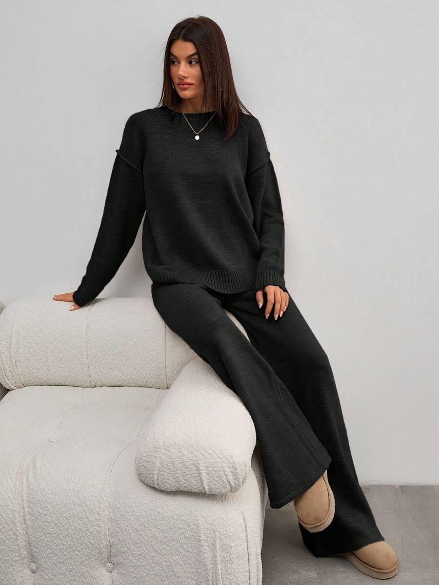 DZIANINOWY KOMPLET SWETER SPODNIE
