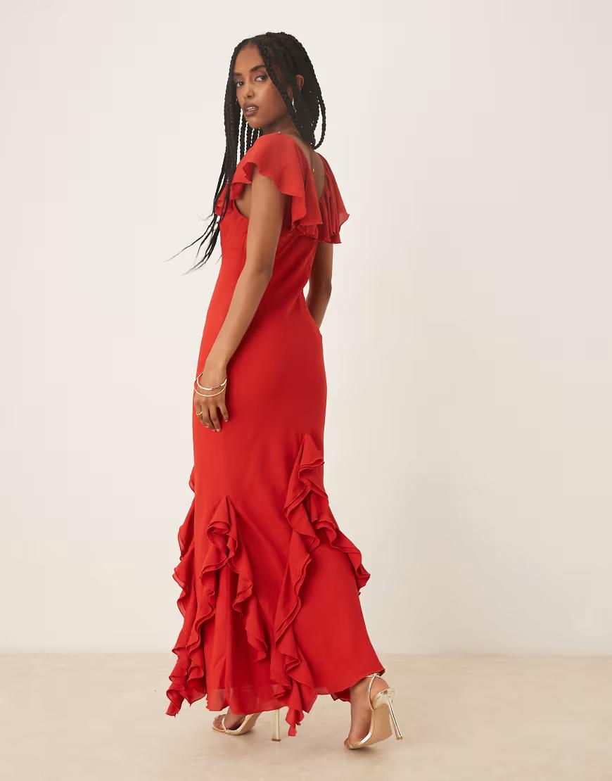 CZERWONA MAXI SUKIENKA V-NECK FALBANY